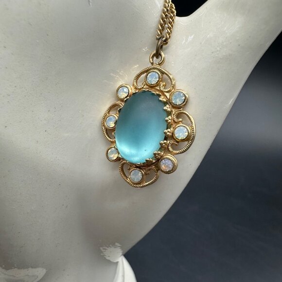 Jewelry - Vintage Moon Glow Necklace Victorian Style Turquoise Gold Tone Pendant Retro